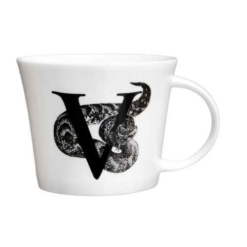 V letter with viper around it ink design on white fine bone china