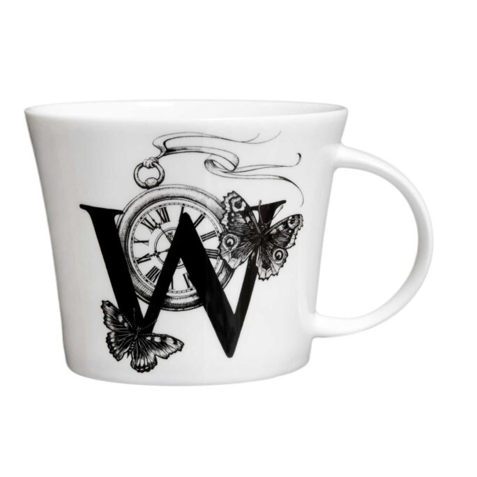 W letter with the clock and two butterflies on a sides in ink design on white bone china mug