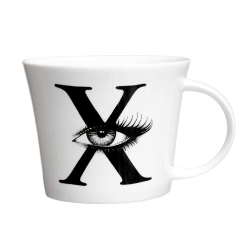 X letter with left eye in the middle in ink design on white fine bone china mug