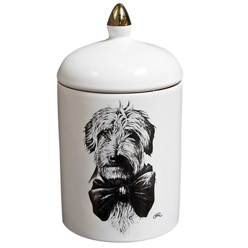 'Dolly' Wirehair Dachshund Dog Popitin Pot is lidded ceramic container with one of beautiful black printed Intricate Ink drawings.