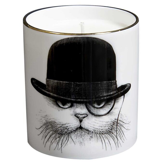 Cat wearing hat. Beautiful Fine Bone China Cat in Hat Down Cutesy Candle container decorated with black Intricate Ink Illustrations. Made in England