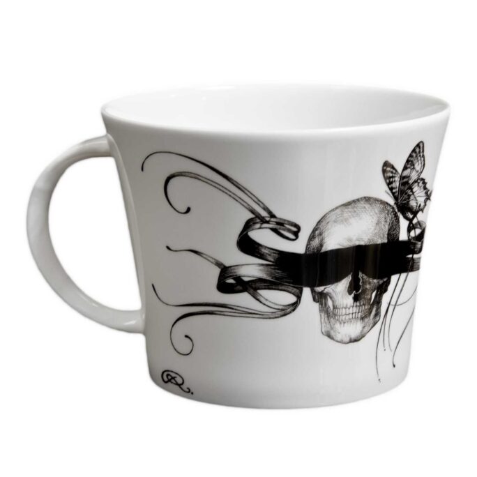 Masked Skull with the butterfly on top in ink design on fine bone china