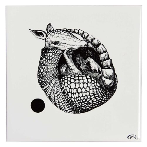 White ceramic Full Stop Armadillo Tile. Every tile is hand decorated with a unique Intricate Ink Illustration telling each letter’s story.