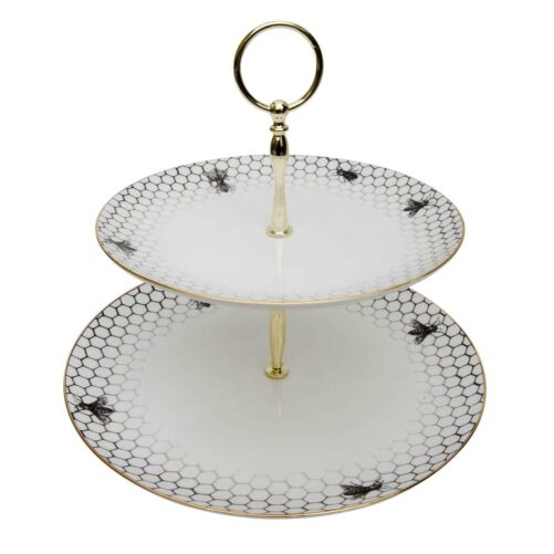 Bees on a honeycomb in ink design on white fine bone china two tier cake stand with 22 carat detailing