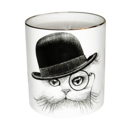 cat with monocle wearing hat Beautifully scented candle decorated with Cat In Hat Tilt Intricate Ink Illustration. Perfect to light up your night. Made in England