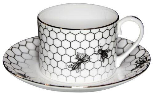 Exquisite Fine Bone China Buzzing Bee Cup & Saucer. Teacup rim & saucer rim hand decorated with 22 carat gold. Made in England