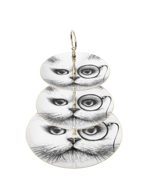 Cat with monocle on the left eye on fine bone china three tire cake stand with 22 carat detailing
