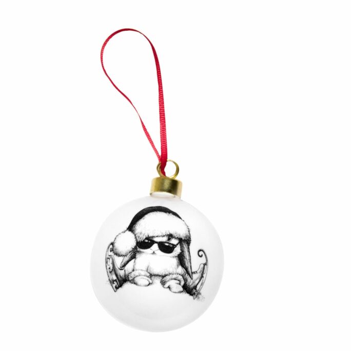 Bunny on ice skates wearing sunglasses and Christmas hat sitting on ice in ink design on white fine bone china bauble with red ribbon