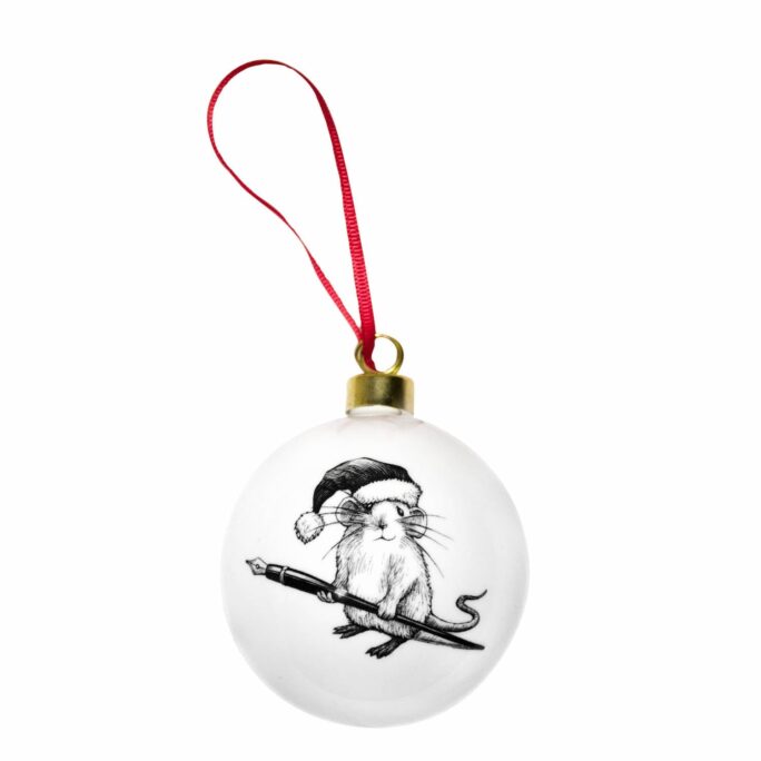 Mouse wearing hat and holding an ink pen in ink design on white fine bone china bauble with red ribbon