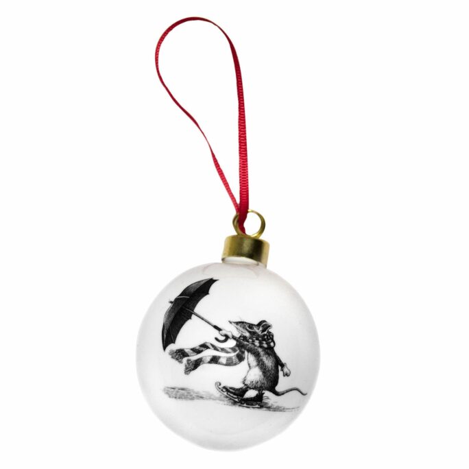 Rat holding umbrella and wearing scarf in ink design on white fine bone china bauble with red ribbon