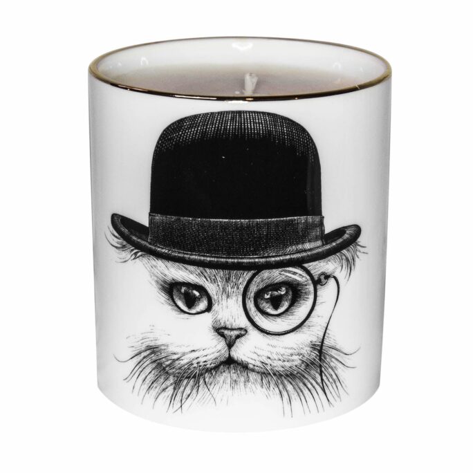 Beautiful Fine Bone China Cat in Hat Cutesy Candle container decorated with black Intricate Ink Illustrations. Made in England