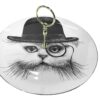 Cat wearing hat with monocle on the left eye in ink design on white fine bone china plate with 22 carat detailing