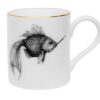 The images shows a fish smoking a cigarette. Done in black ink on a fine bone china mug