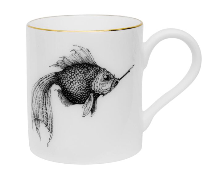 The images shows a fish smoking a cigarette. Done in black ink on a fine bone china mug