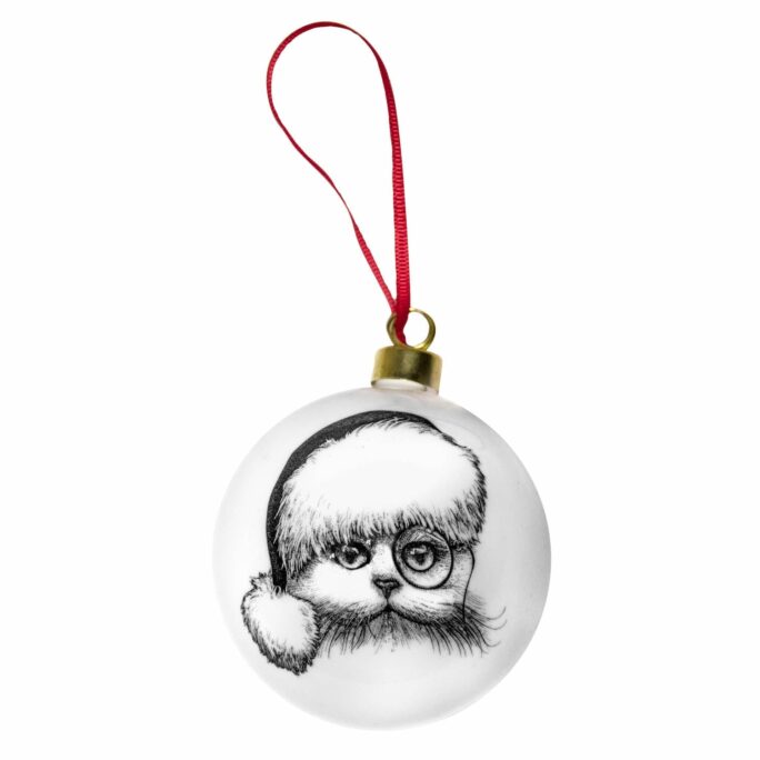 Cat wearing Christmas hat with monocle on the right eye in ink design on white fine bone china bauble with red ribbon