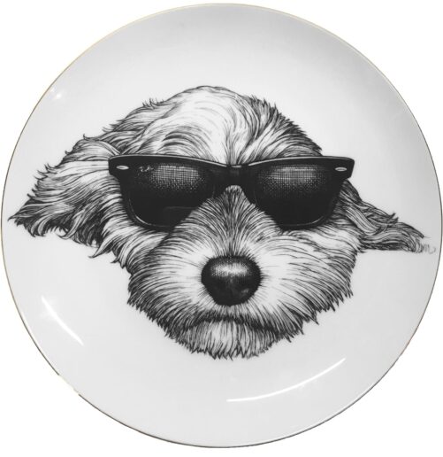 Portrait of the dog wearing sunglasses in ink design on white fine bone china plate with 22 carat detailing