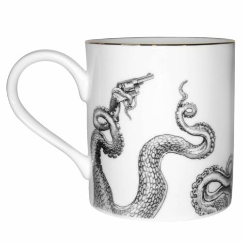 Octopus holding the gun ink design on a fine bone china mug