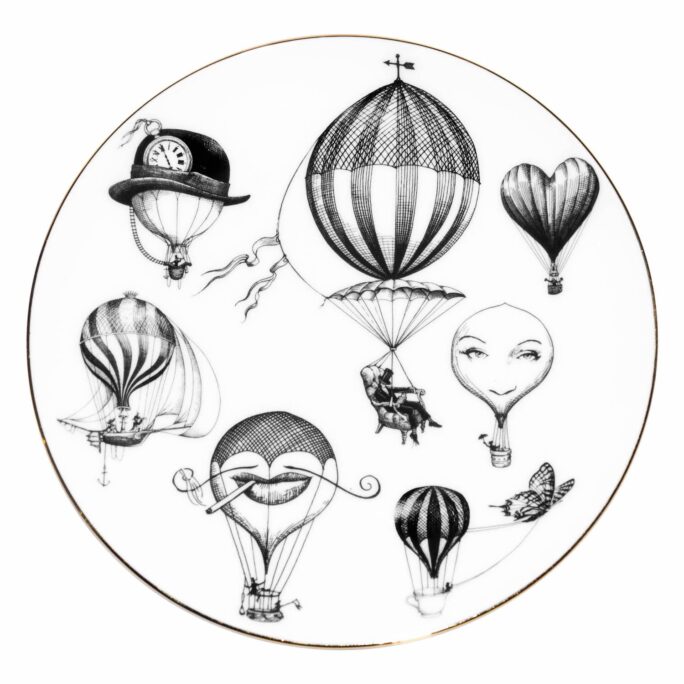 White Fine Bone China Balloon Version E Perfect Plate with a jet black hand screen printed Intricate Ink Illustration. Made In England.
