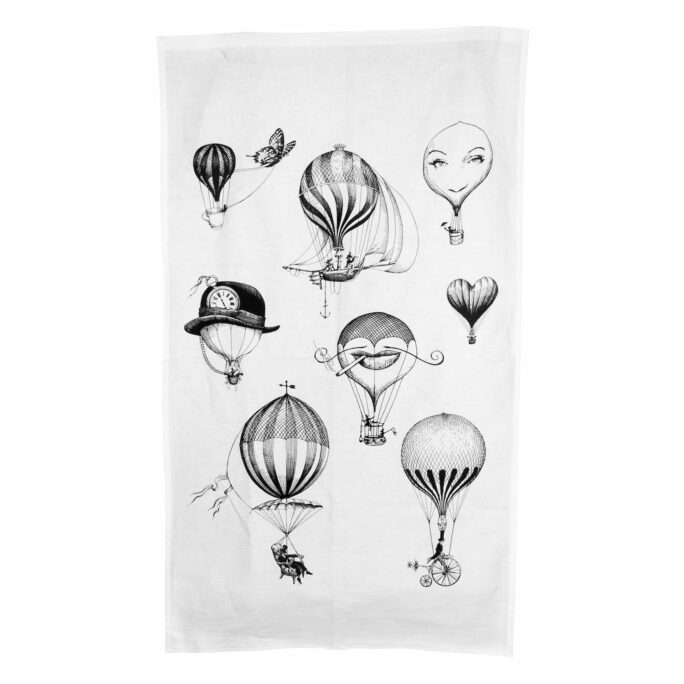 Balloons in ink design on white tea towel