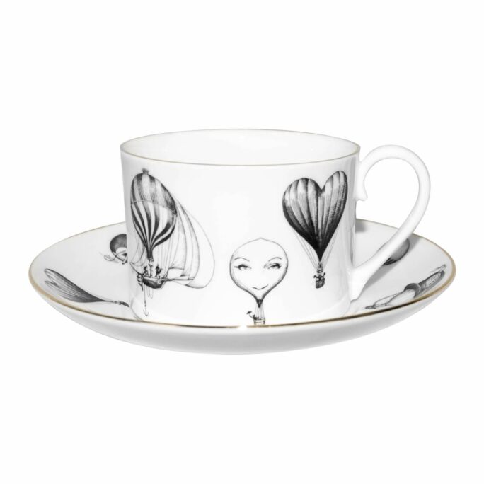 It's time for tea and hopefully a biscuit too! Exquisite Balloons Cup & Saucer. Hand decorated with Intricate Ink Illustration.