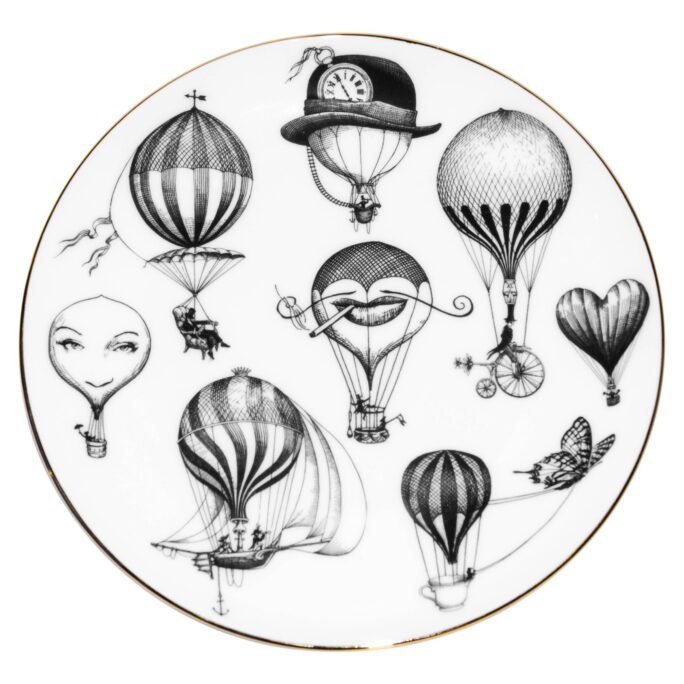 White Fine Bone China Balloon Version F Perfect Plate with a jet black hand screen printed Intricate Ink Illustration. Made In England.