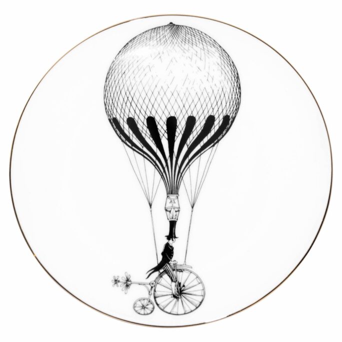 White Fine Bone China Bike Balloon Perfect Plate with a jet black hand screen printed Intricate Ink Illustration. Made In England.
