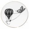 White Fine Bone China Butterfly Balloon Perfect Plate with a jet black hand screen printed Intricate Ink Illustration. Made In England.