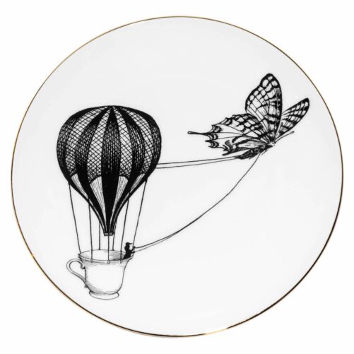 White Fine Bone China Butterfly Balloon Perfect Plate with a jet black hand screen printed Intricate Ink Illustration. Made In England.