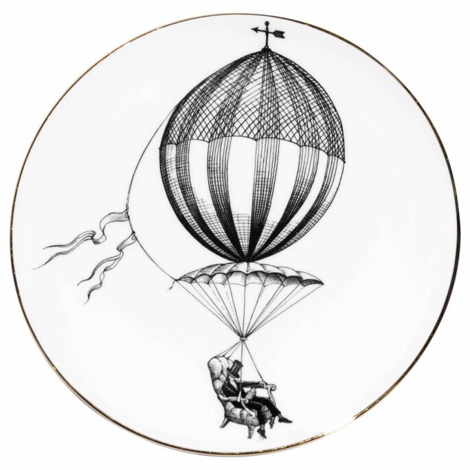 White Fine Bone China Chair Balloon Perfect Plate with a jet black hand screen printed Intricate Ink Illustration. Made In England.