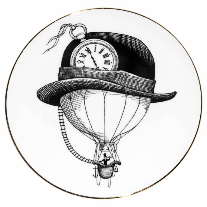 White Fine Bone China Bowler Hat Balloon Perfect Plate with a jet black hand screen printed Intricate Ink Illustration. Made In England.