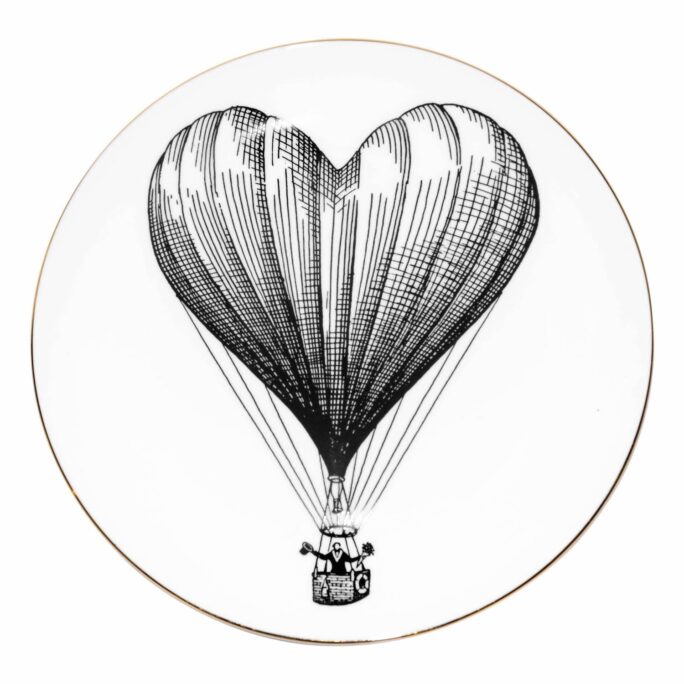 White Fine Bone China Heart Balloon Perfect Plate with a jet black hand screen printed Intricate Ink Illustration. Made In England.