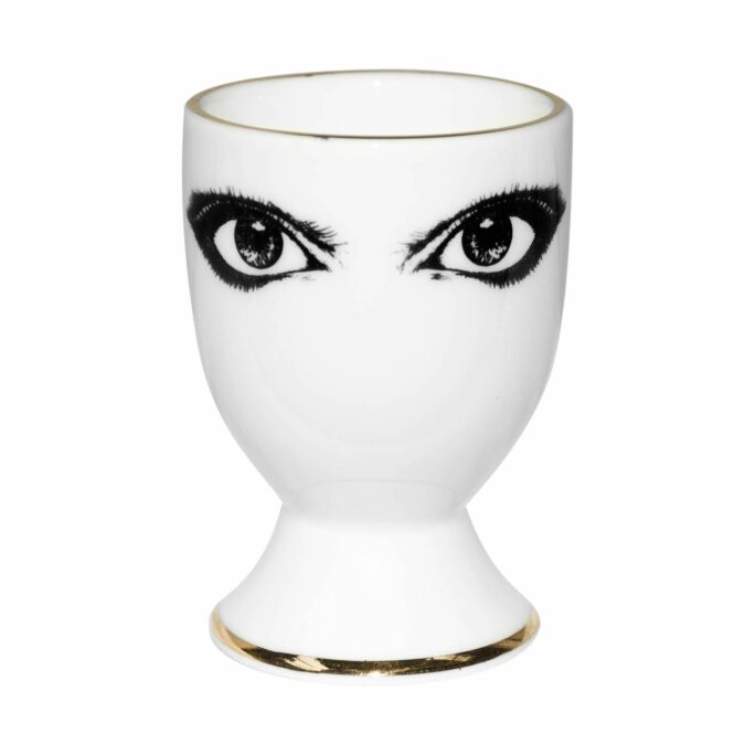 two eyes in ink design on white fine bone china eg cup in 22 carat detailing