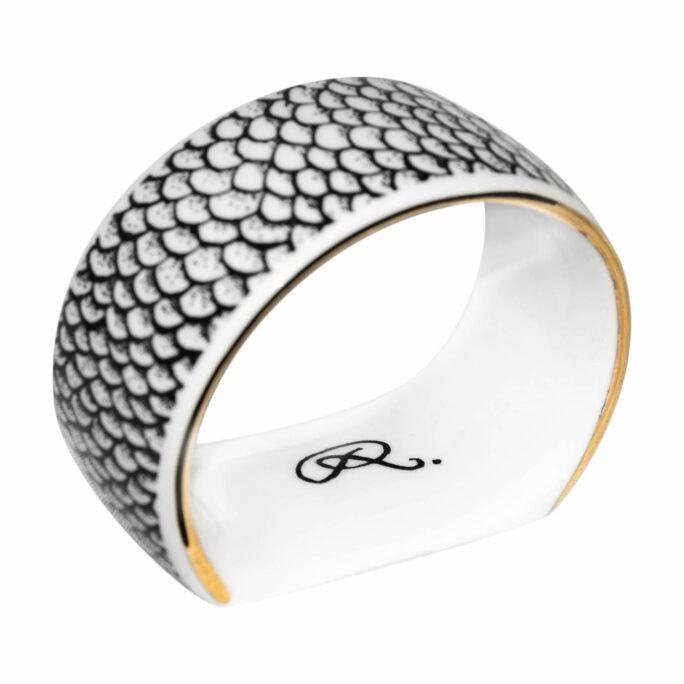fish scales in ink design on white fine bone china napkin ring with 22 carat detailing