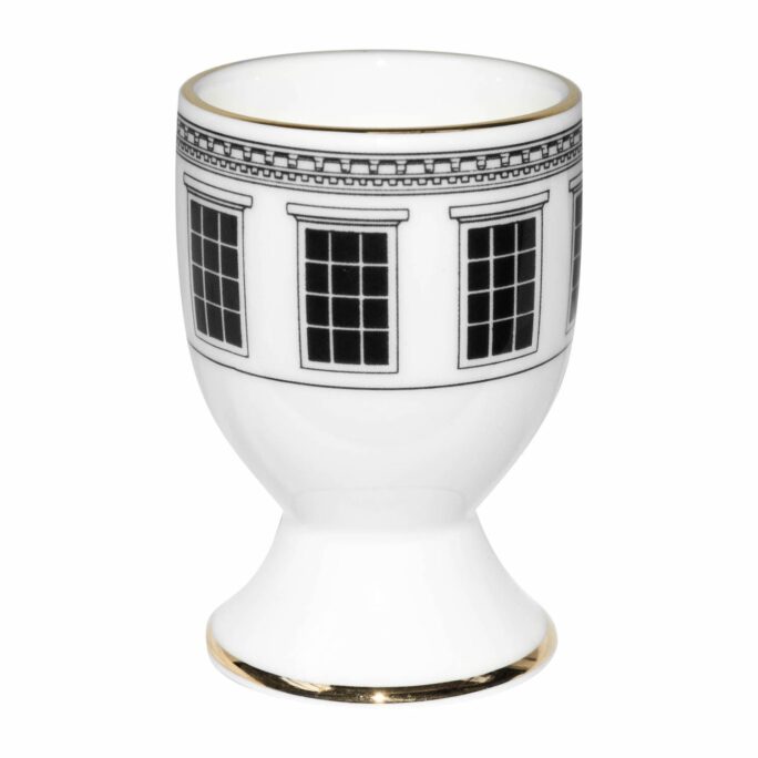building with black windows in ink design on white fine bone china egg cup with 22 carat detailing