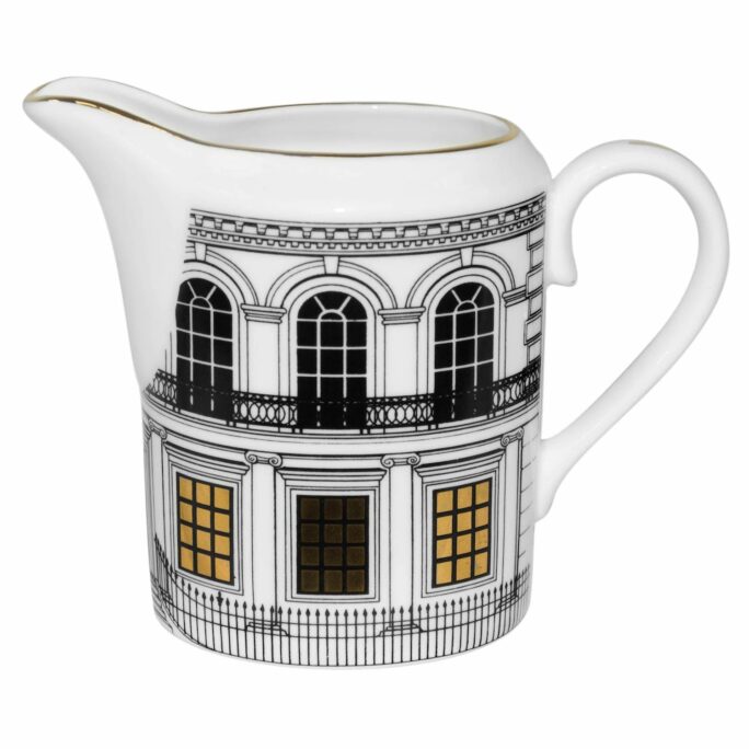 Fine Bone China Milk Jug. Hand decorated with Rory's exclusive Intricate Ink Illustration of Buildings with hand finished gold windows.