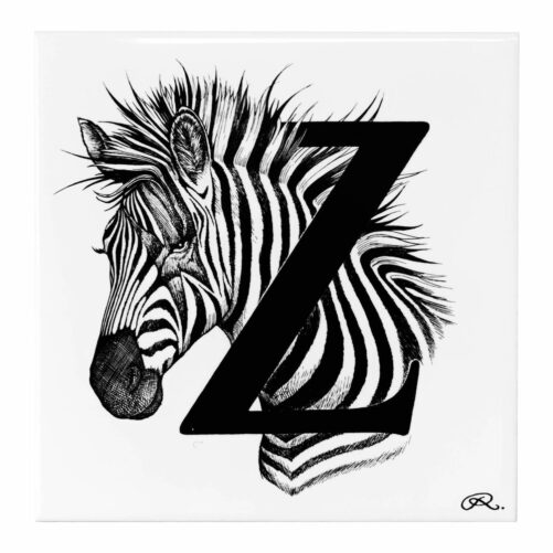 White ceramic Zebra Tile. Every tile is hand decorated with a unique Intricate Ink Illustration telling each letter’s story.