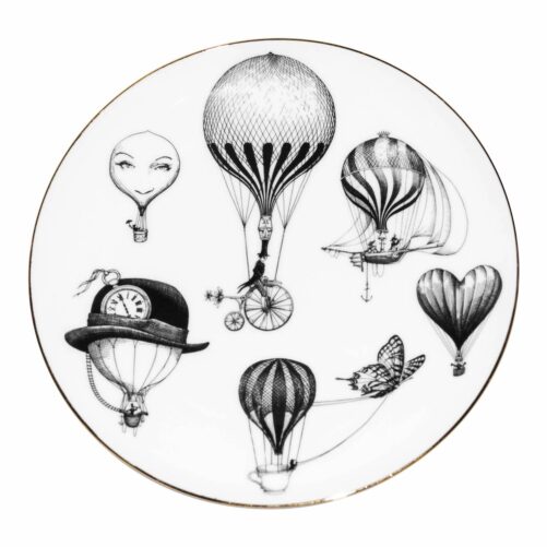White Fine Bone China Balloon Plate Version A with a jet black hand screen printed Intricate Ink Illustration. Made In England.