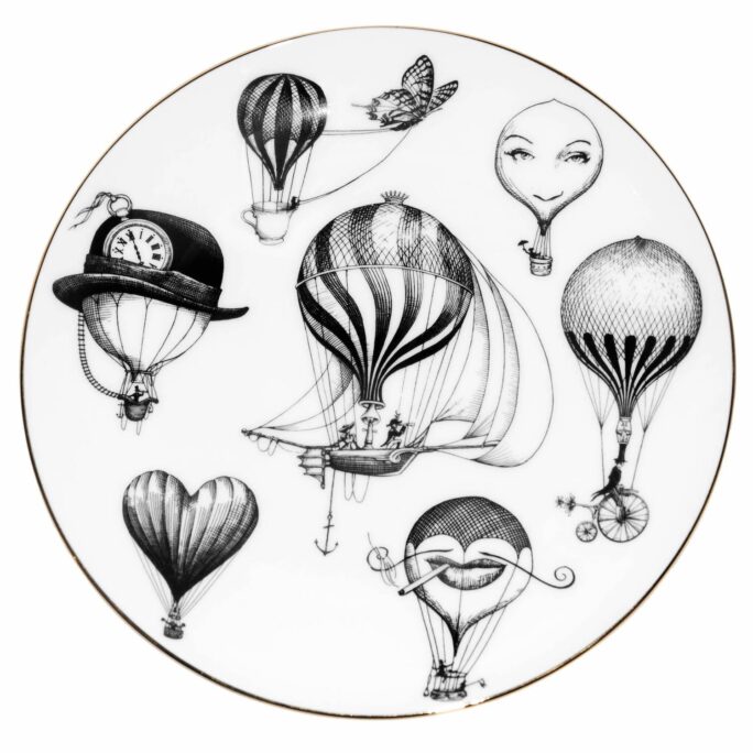 White Fine Bone China Balloon Version C Perfect Plate with a jet black hand screen printed Intricate Ink Illustration. Made In England.