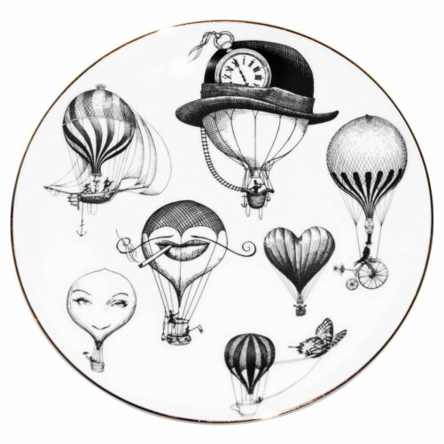 White Fine Bone China Balloon Version D Perfect Plate with a jet black hand screen printed Intricate Ink Illustration. Made In England.