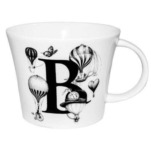 Letter B with the hot air balloons around in ink design on white bone china