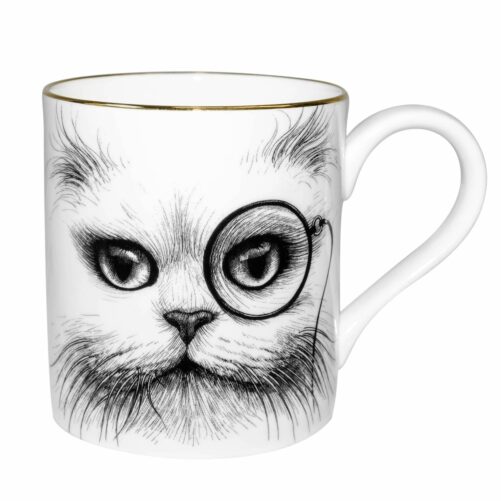 Absolutely gorgeous Fine Bone China Cat Monocle Majestic Mug hand decorated & hand edged on the cup rim & handle in 22 carat gold.