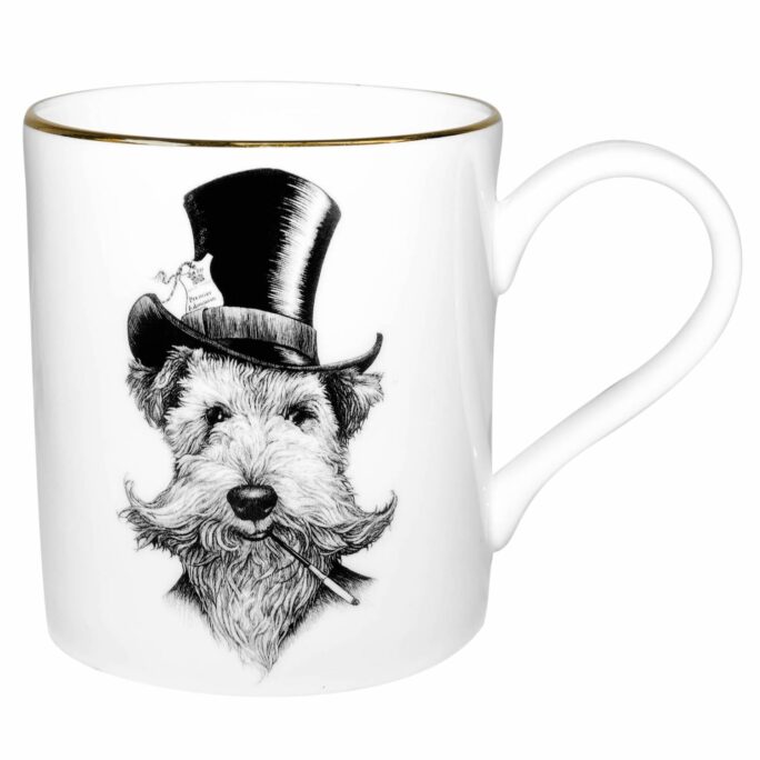 Dog in tophat, black and white ink design on a fine bone china mug