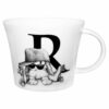 R letter with white rabbit in roller skates and a cap sitting in front of it in ink design on a white fine bone china mug