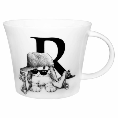 R letter with white rabbit in roller skates and a cap sitting in front of it in ink design on a white fine bone china mug
