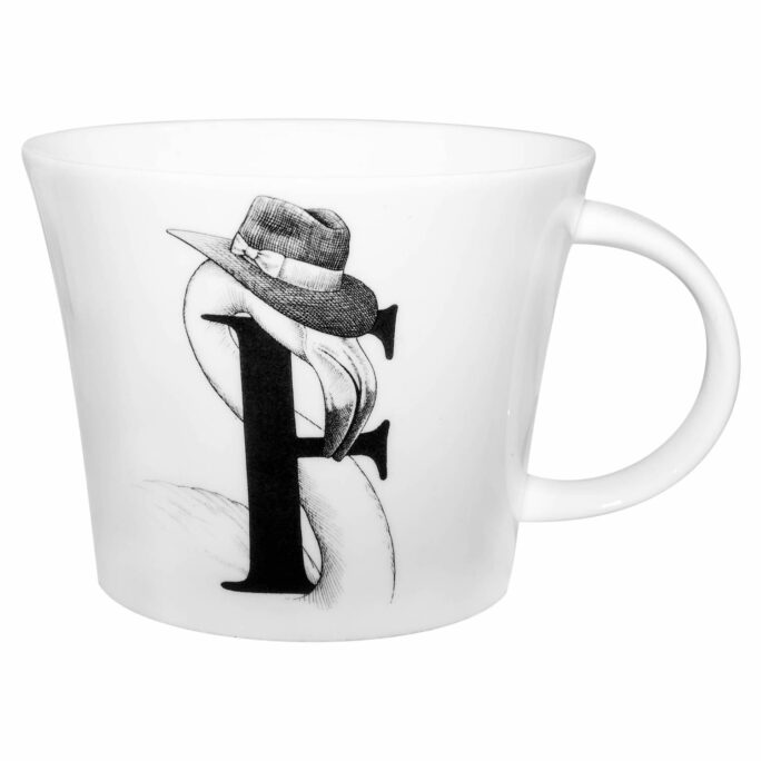 F letter with flamingo wearing a hat in ink design on a white fine bone china mug
