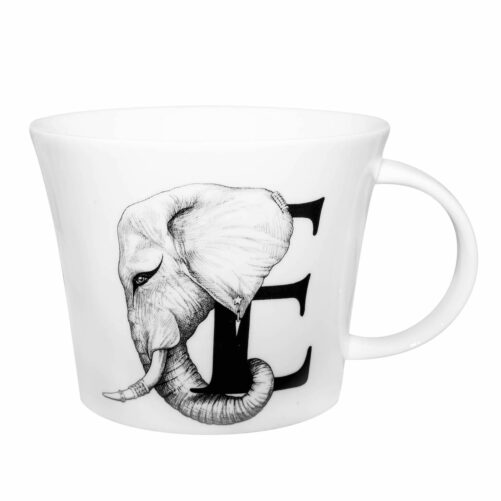 E letter with elephant head on a side in ink design on white bone china mug