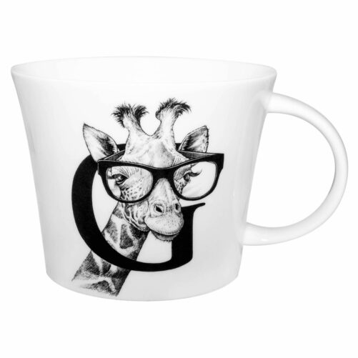 G letter with giraffe wearing glasses in ink design on white fine bone china mug