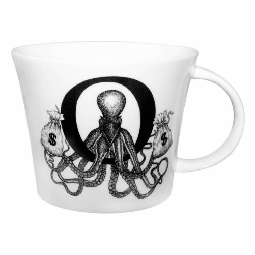 Letter O with Octopus holding money bags in ink design on white fine bone china mug