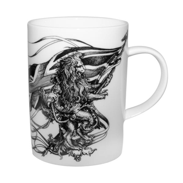 Lion wrapped up in english flag ink design on white fine china bone mug