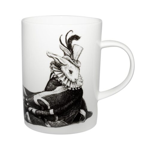 Rabbit wrapped in UK flag ink design on white fine bone china mug